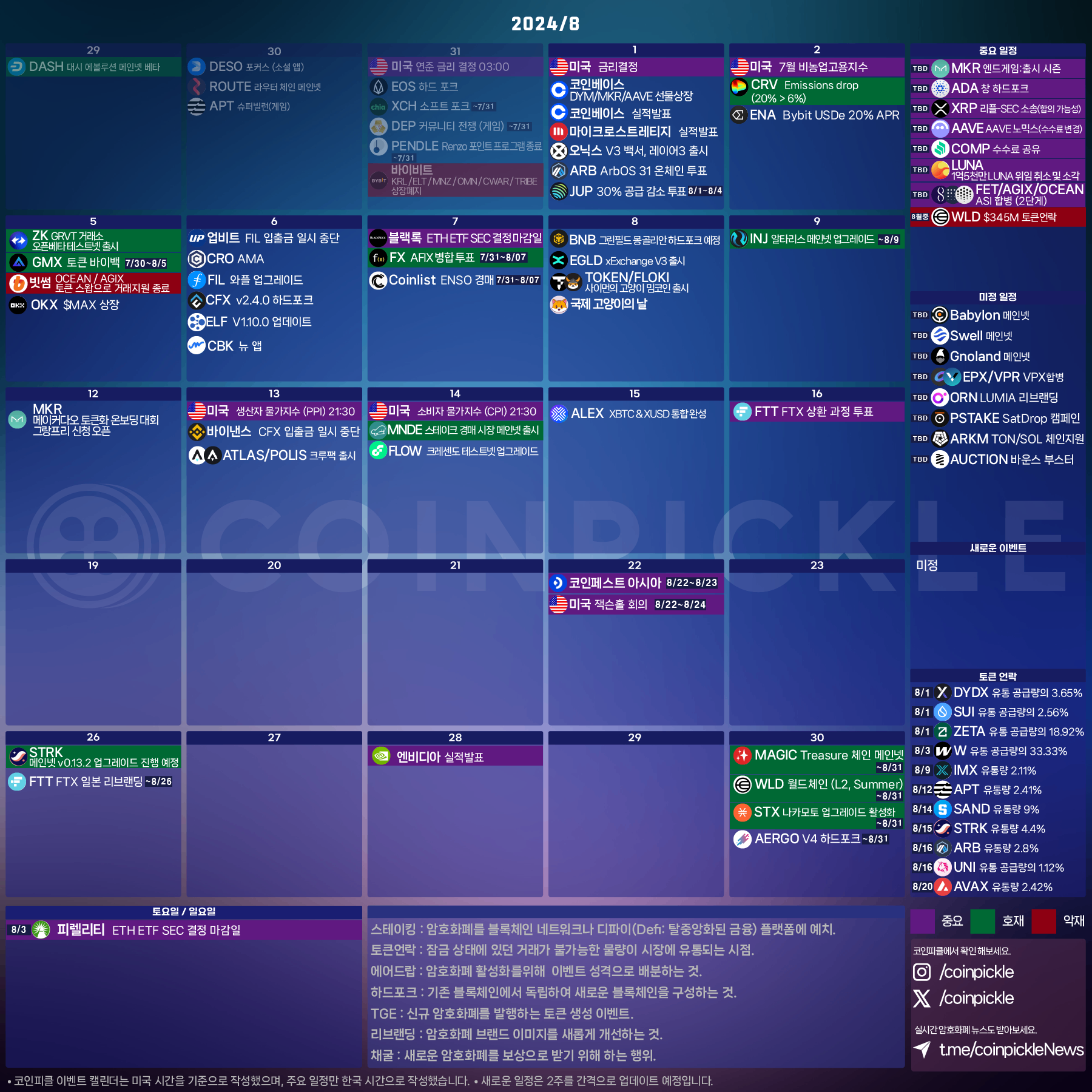 8월 암호화폐 이벤트캘린더 일정 참고들하세요~ - 코인니스