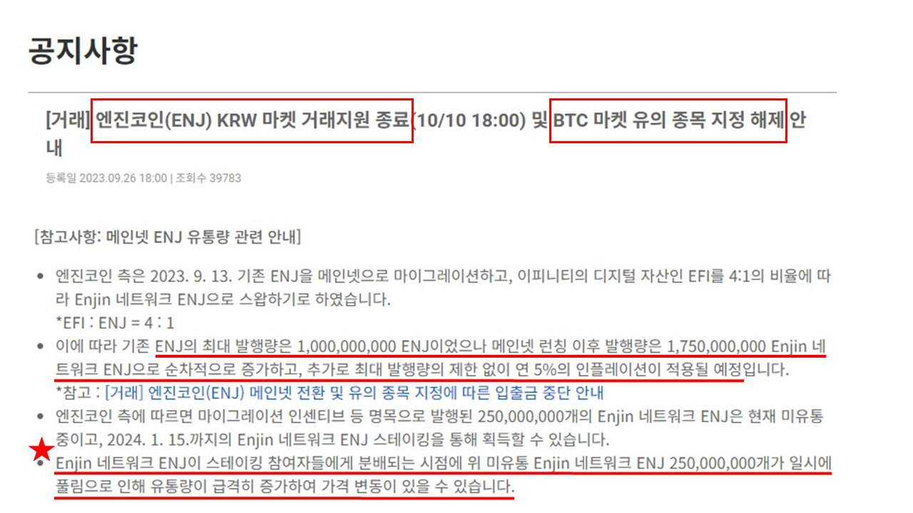 업비트, 엔진코인(ENJ) 하락 경고 메세지인가? - 코인니스