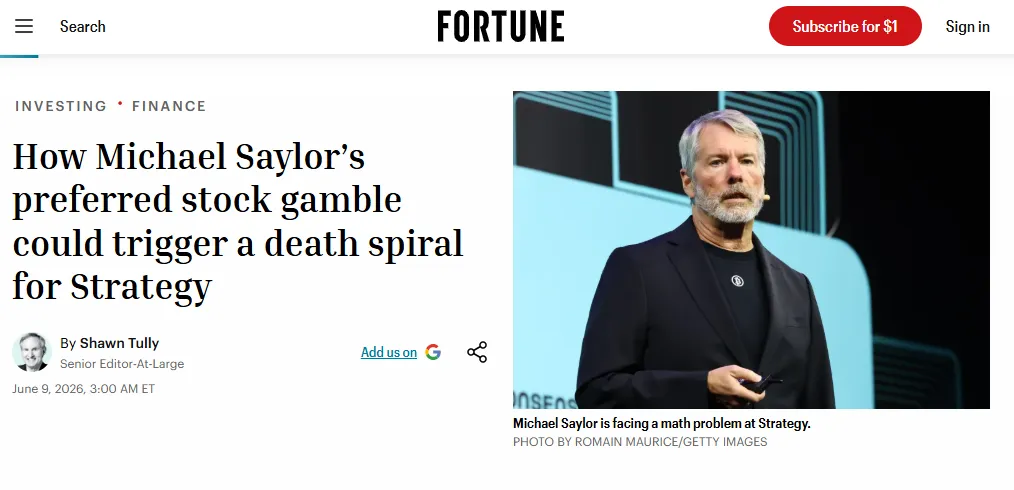 Fortune: MicroStrategy may sell BTC amid preferred stock dividend pressure