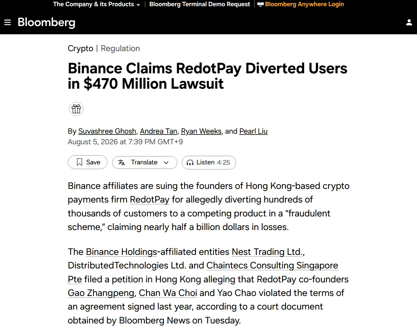 Binance affiliates sue RedotPay co-founders for $472.8M in damages
