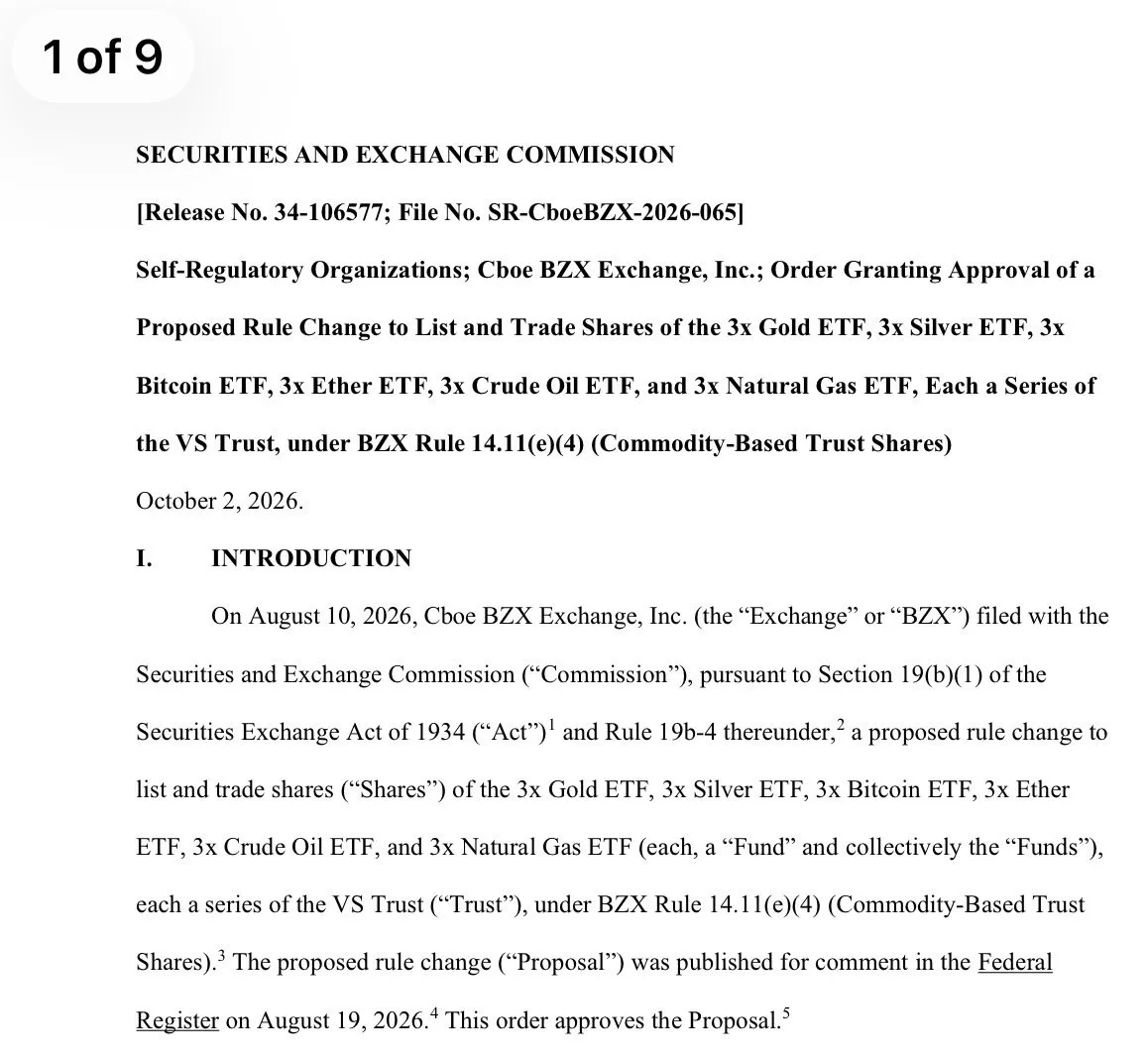 U.S. SEC approves rule change for listing 3x leveraged Bitcoin, Ethereum ETFs