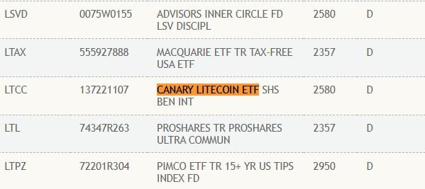 커네리 펀드 ‘라이트코인 ETF’ 미 증권예탁결제원에 등록