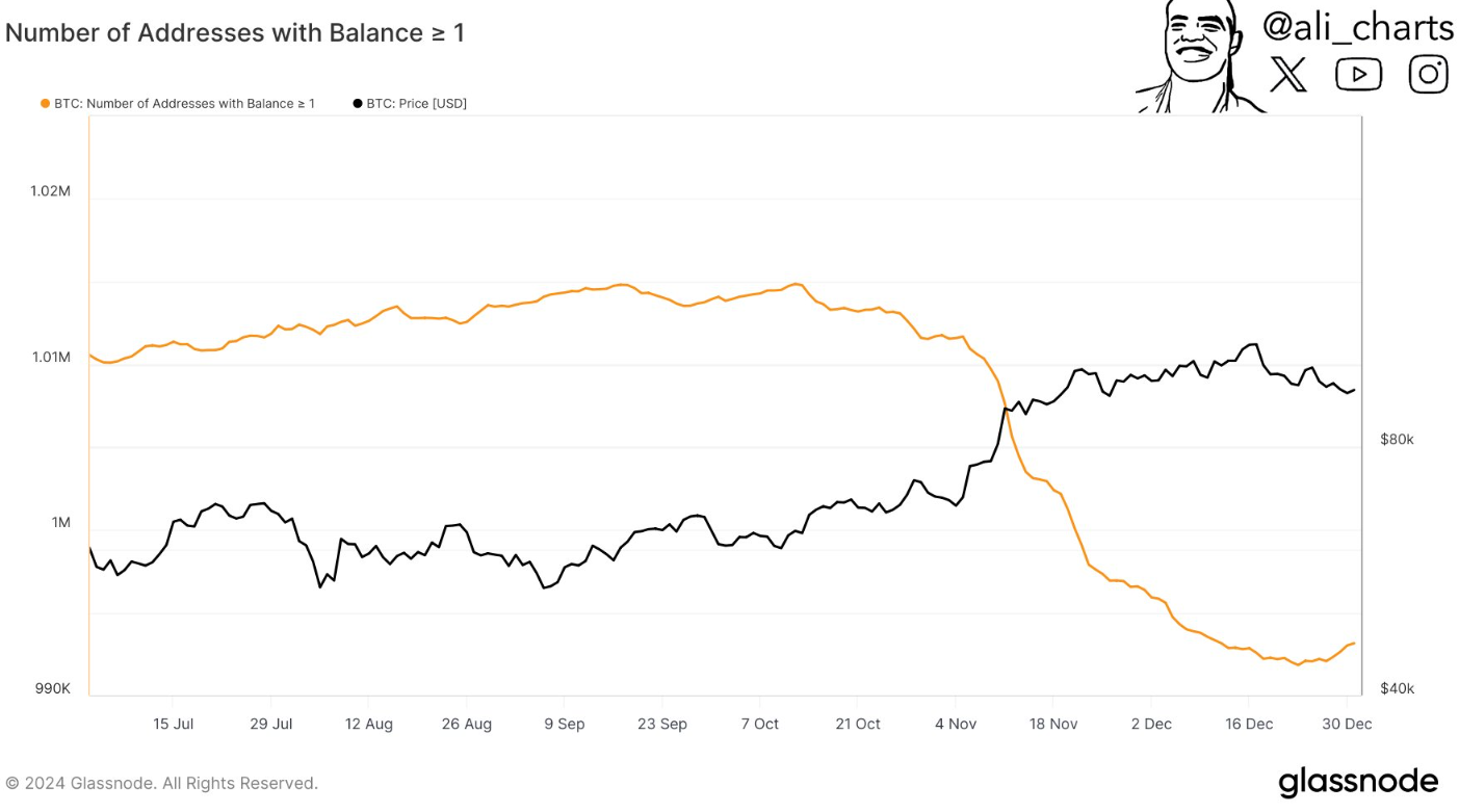 지난 2개월간 1 BTC 이상 보유 주소 수 1.8만개 감소 - 코인니스