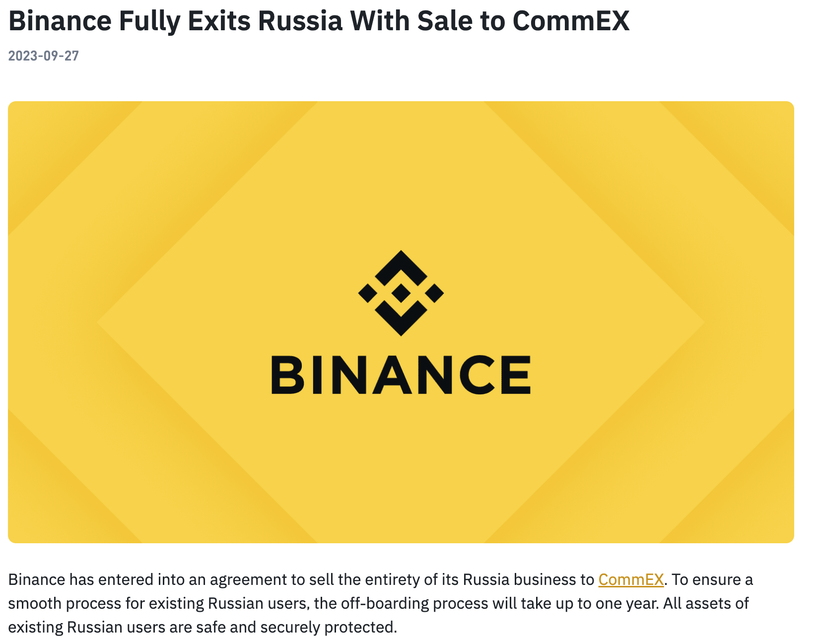 바이낸스, 신생 암호화폐 거래소에 러시아 사업 매각…현지서 완전 철수 - 코인니스
