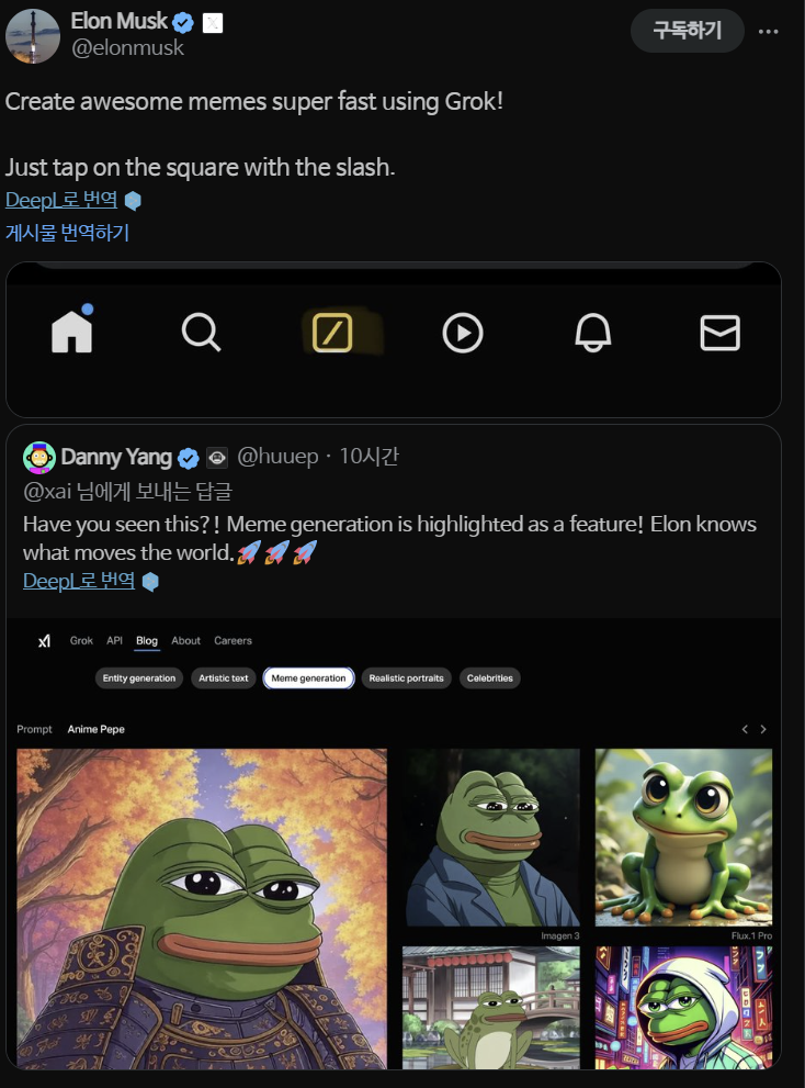 Elon Musk promotes Grok's meme creation with PEPE memes