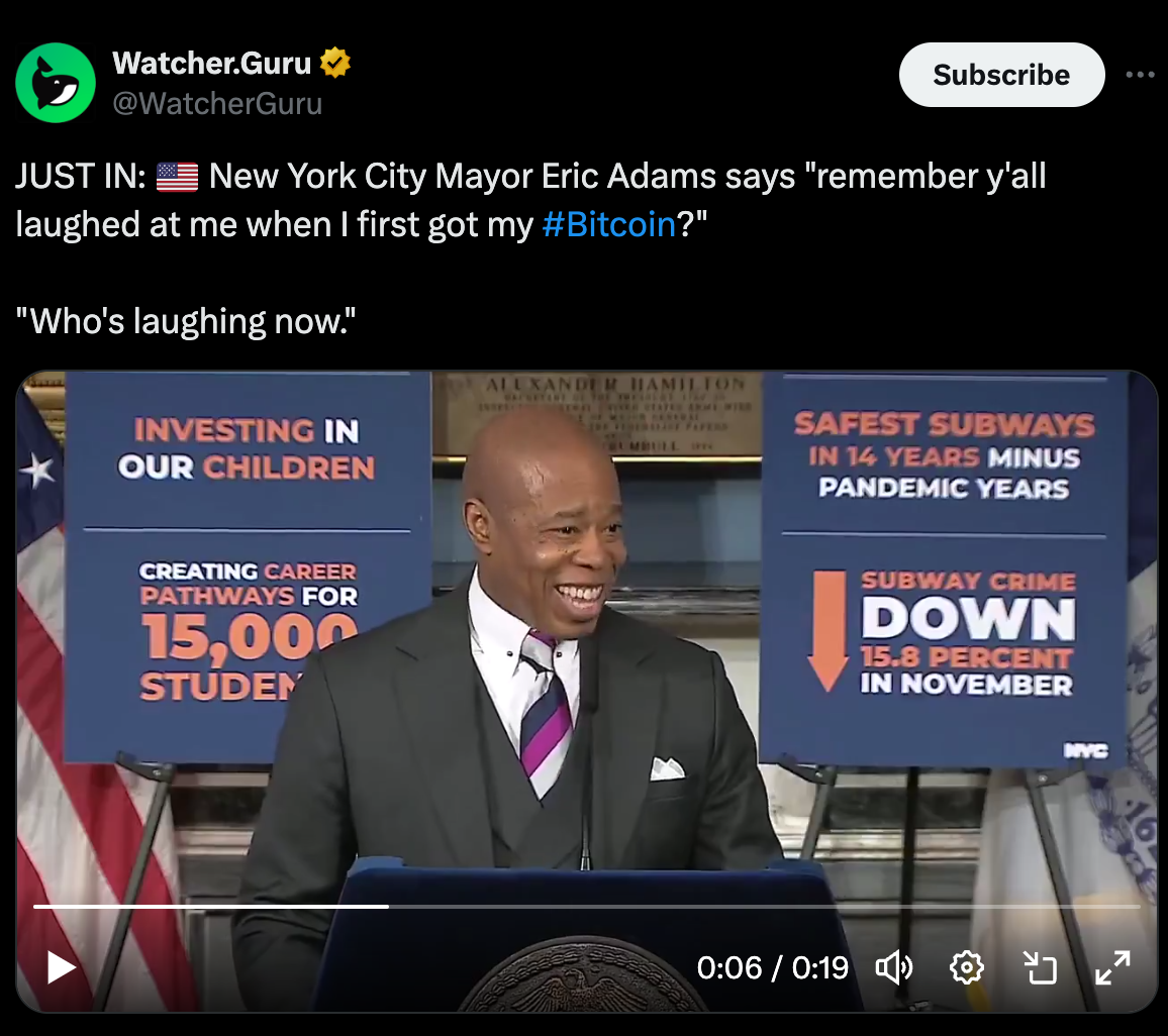 뉴욕시장 “내가 BTC 구매할 때 대중들 코웃음…지금은 내가 승자” - 코인니스