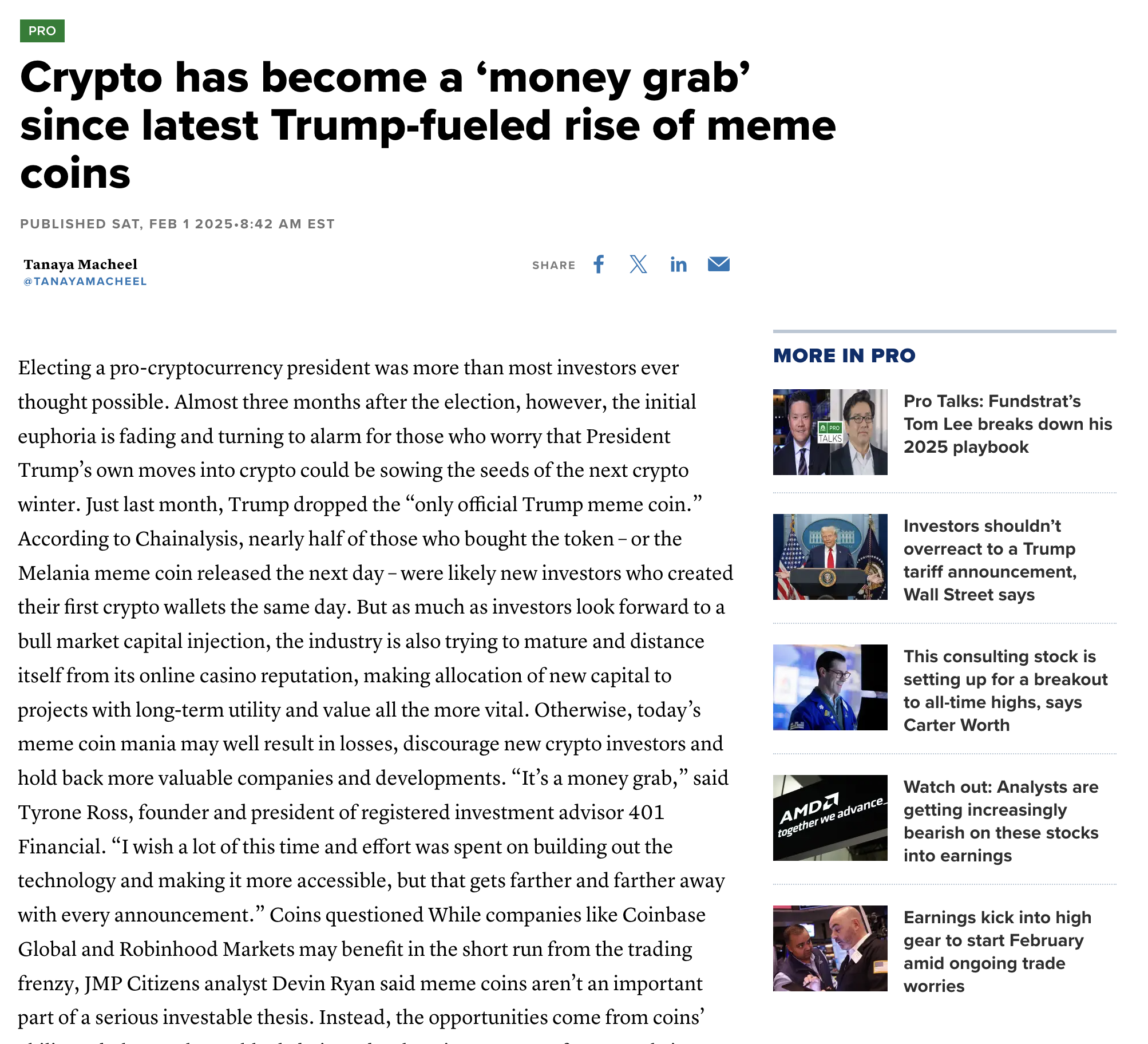 인용 모아보기 | CNBC “트럼프, 밈코인 발행으로 암호화폐 투기장 만들어” - 코인니스