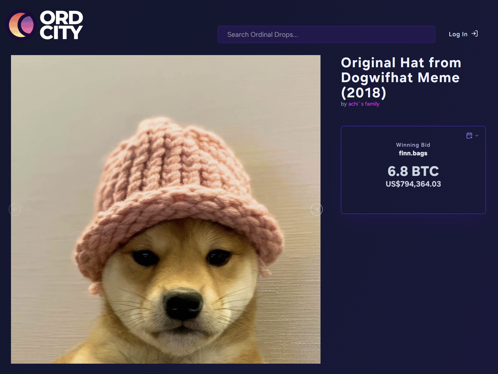 도그위프햇 상징 모자, 오디널스 경매 플랫폼서 6.8 BTC에 낙찰 - 코인니스
