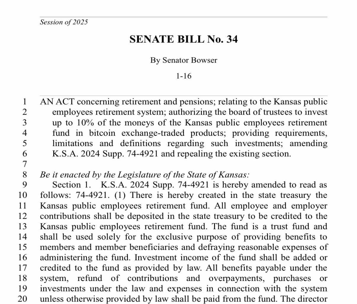 美 캔자스 상원의원, 공무원 연금 BTC 현물 ETF 투자 허용 법안 발의 - 코인니스