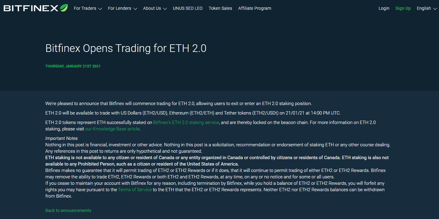 비트파이넥스, ETH 2.0 거래 지원 - 코인니스