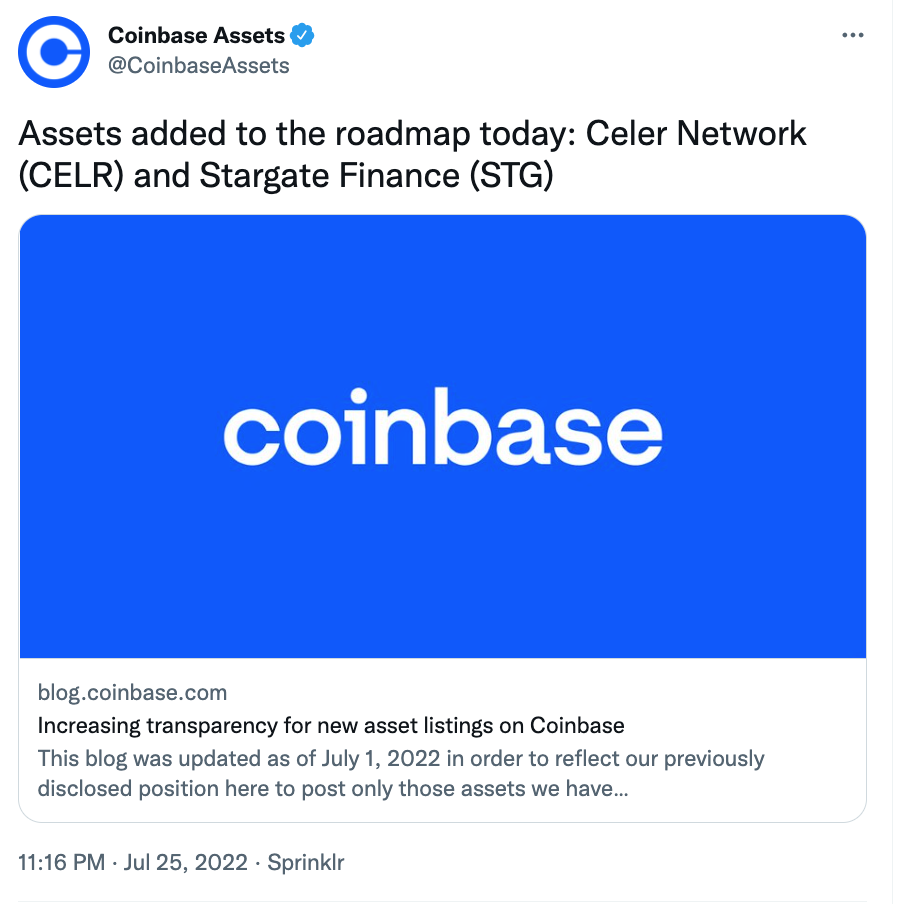 코인베이스, CELR·STG 상장 로드맵 추가 - 코인니스