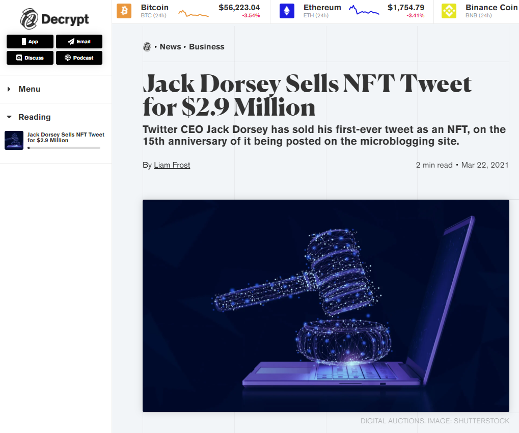 트위터 CEO 잭 도시 첫 트윗 NFT, 290만 달러에 낙찰 - 코인니스