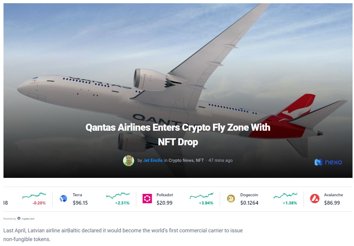 인용 모아보기 | 호주 콴타스 항공, NFT 발행 계획... 항공권 교환 포인트 보상 - 코인니스